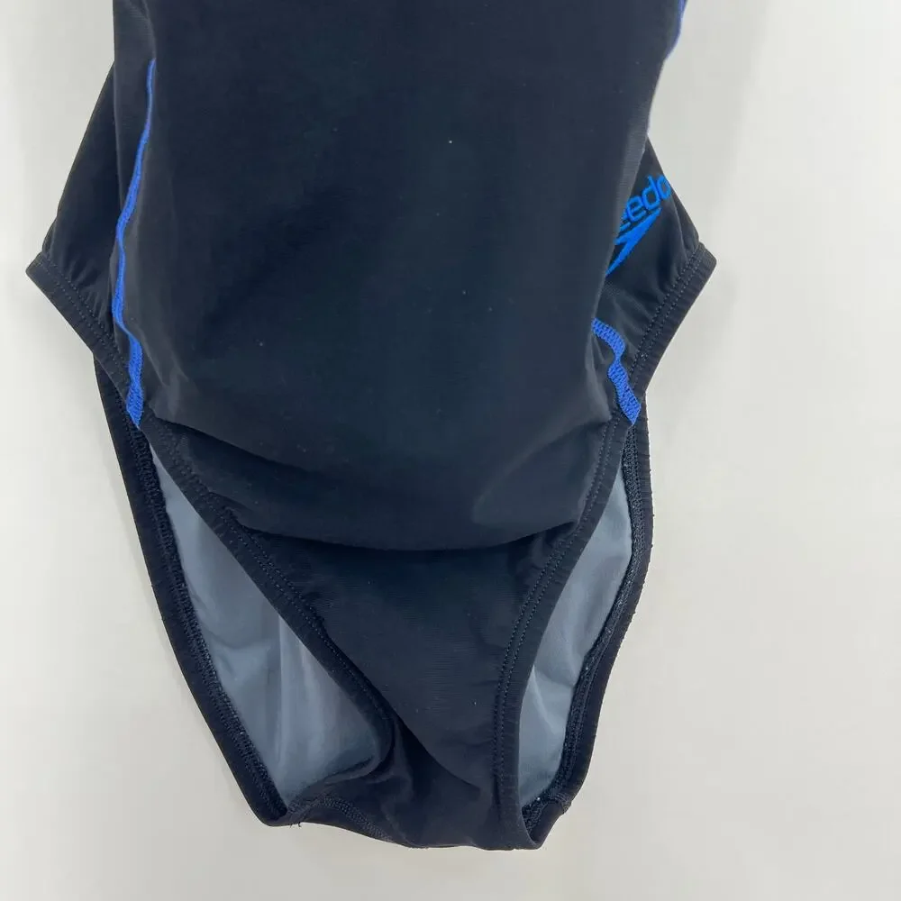 Speedo Power Plus One Piece Swimsuit Womens 28 Blue Black Crossback Athletic - Picture 4 of 12